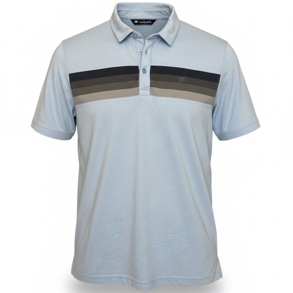 TravisMathew Golf Polo Shirt Mens Large Blue Stripe Performance Pima Cotton
